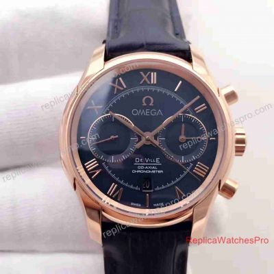 Swiss Copy Omega De Ville Chronograph Mens Watch Rose Gold Leather 42mm